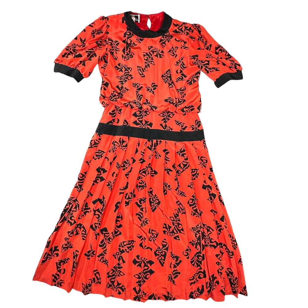John's Girl Petites Dress Womens 6 Vintage Red Black Floral Short Sleeve Pleated